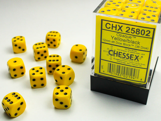 Chessex: Opaque - Yellow/Black - 12mm d6 - Dice Block (36) - Chessex - Accessories