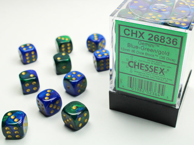 Chessex: Gemini - Blue Green/Gold - 12mm d6 - Dice Block (36) - Chessex - Accessories