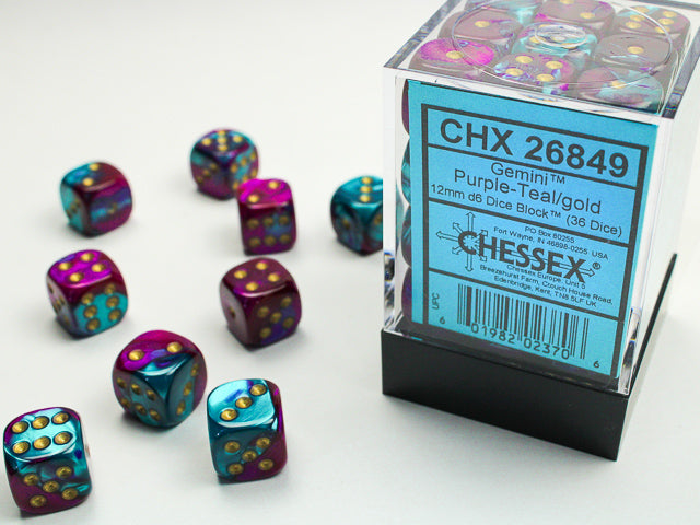 Chessex: Gemini - Purple Teal/Gold - 12mm d6 - Dice Block (36) - Chessex - Accessories