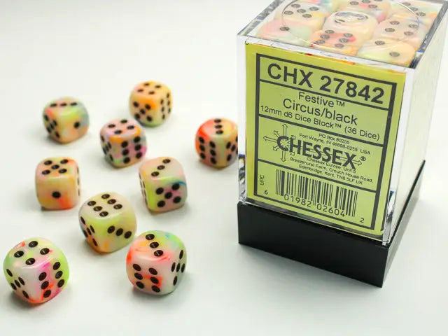 Chessex: Festive - Circus/Black - 12mm d6 - Dice Block (36) - Chessex - Accessories