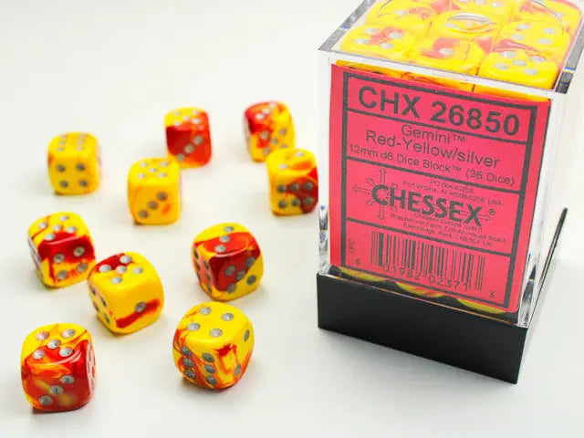 Chessex: Gemini - Red Yellow/Silver - 12mm d6 - Dice Block (36) - Chessex - Accessories