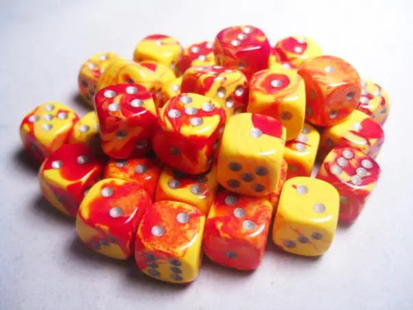 Chessex: Gemini - Red Yellow/Silver - 12mm d6 - Dice Block (36) - Chessex - Accessories