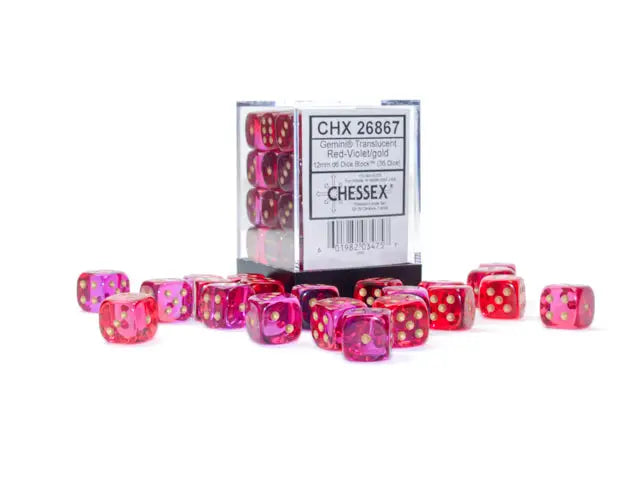 Chessex: Gemini Translucent - Red-Violet/Gold - 12mm d6 - Dice Block (36) - Chessex - Accessories