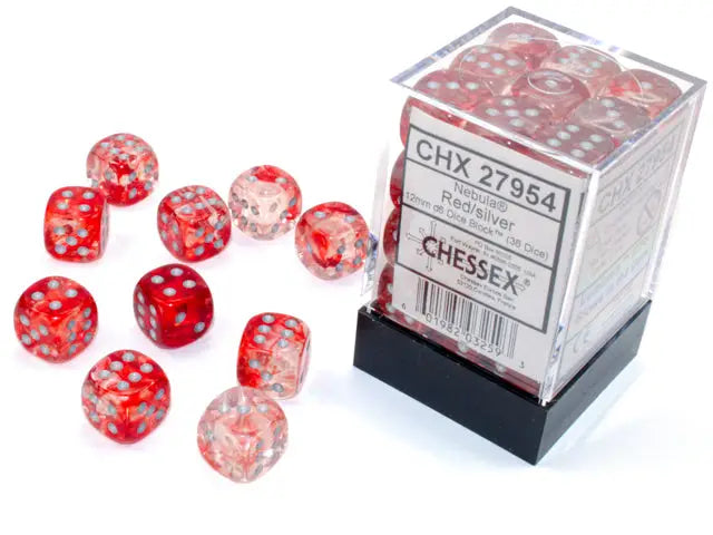 Chessex: Luminary Nebula - Red/Silver - 12mm d6 - Dice Block (36) - Chessex - Accessories