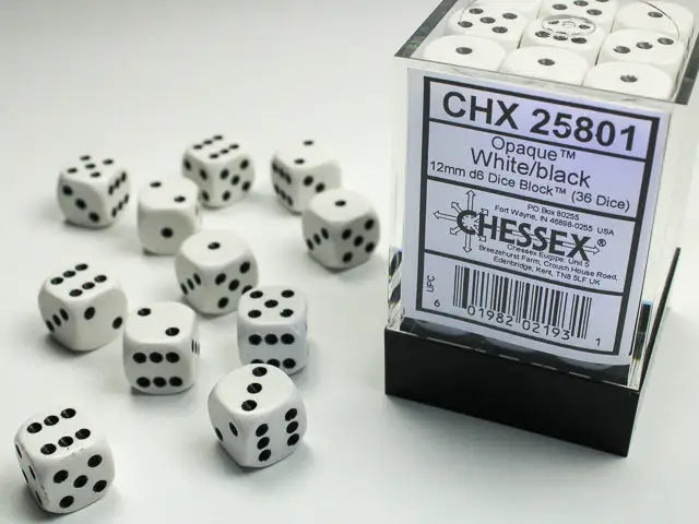 Chessex: Opaque - White/Black - 12mm d6 - Dice Block (36) - Chessex - Accessories