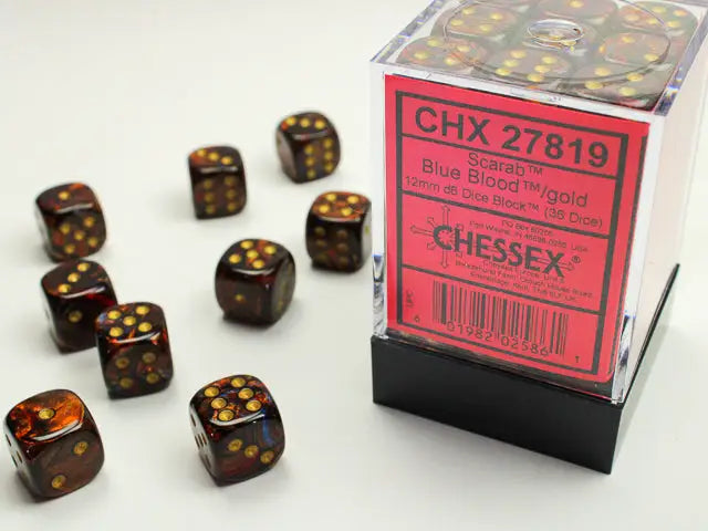 Chessex: Scarab - Blue Gold/Gold - 12mm d6 - Dice Block (36) - Chessex - Accessories