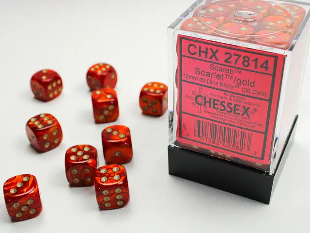 Chessex: Scarab - Scarlet/Gold - 12mm d6 - Dice Block (36) - Chessex - Accessories