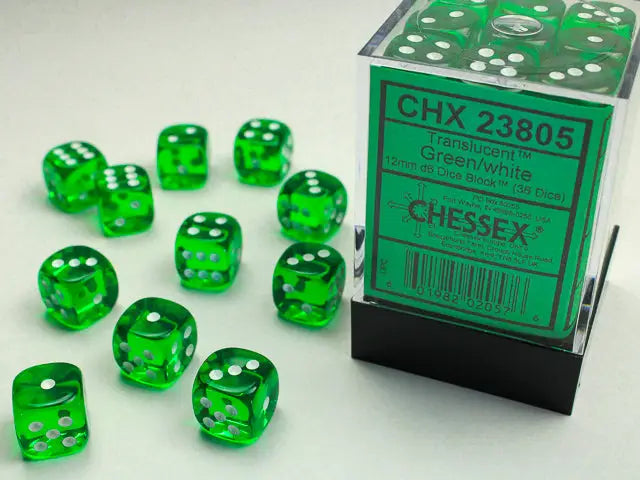 Chessex: Translucent - Green/White - 12mm d6 - Dice Block (36) - Chessex - Accessories