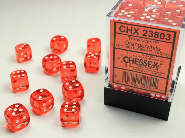 Chessex: Translucent - Orange/White - 12mm d6 - Dice Block (36) - Chessex - Accessories